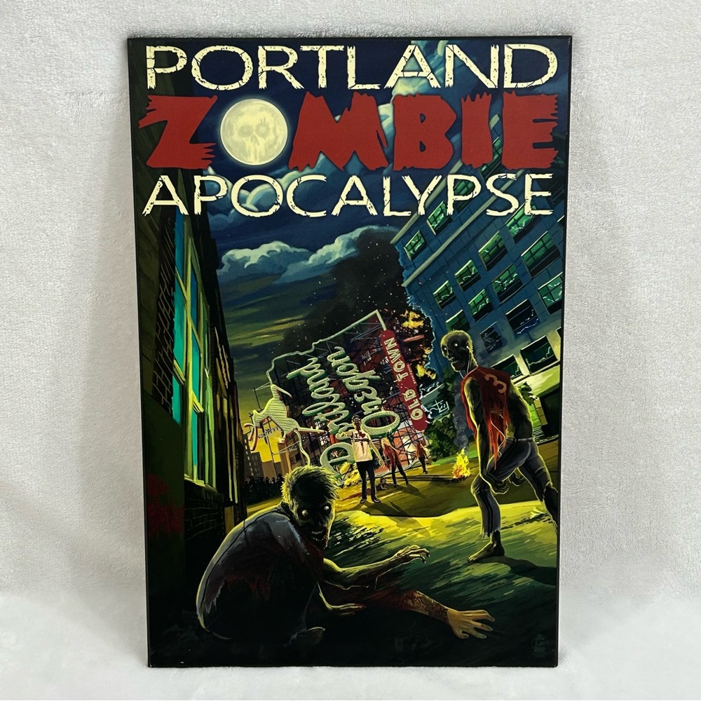 Portland Zombie Apocalypse Hard Wooden Plaque Wall Art Portrait Sign 12”x18”